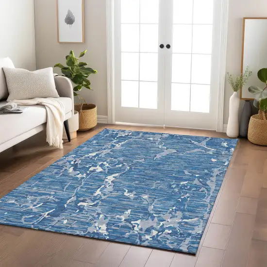 Blue Gray And Ivory Striped Washable Indoor Outdoor Area Rug Photo 9