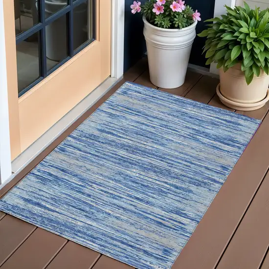 Blue Gray And Ivory Striped Washable Indoor Outdoor Area Rug Photo 1
