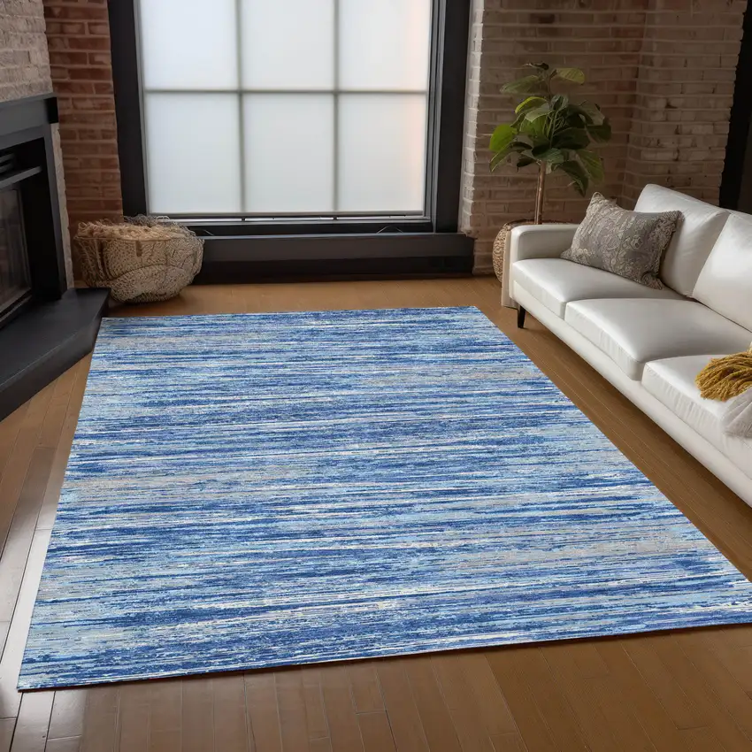 Blue Gray And Ivory Striped Washable Indoor Outdoor Area Rug Photo 9