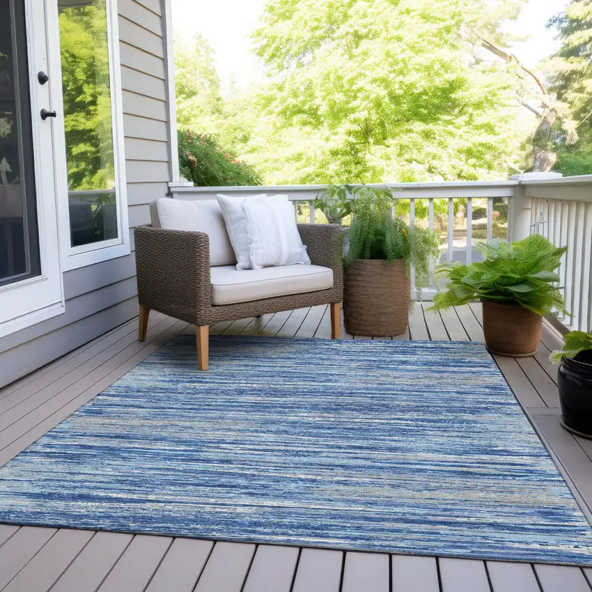Blue Gray And Ivory Striped Washable Indoor Outdoor Area Rug Photo 8