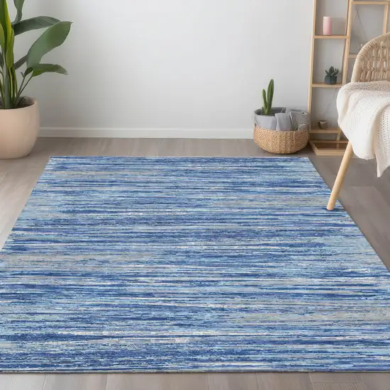 Blue Gray And Ivory Striped Washable Indoor Outdoor Area Rug Photo 9