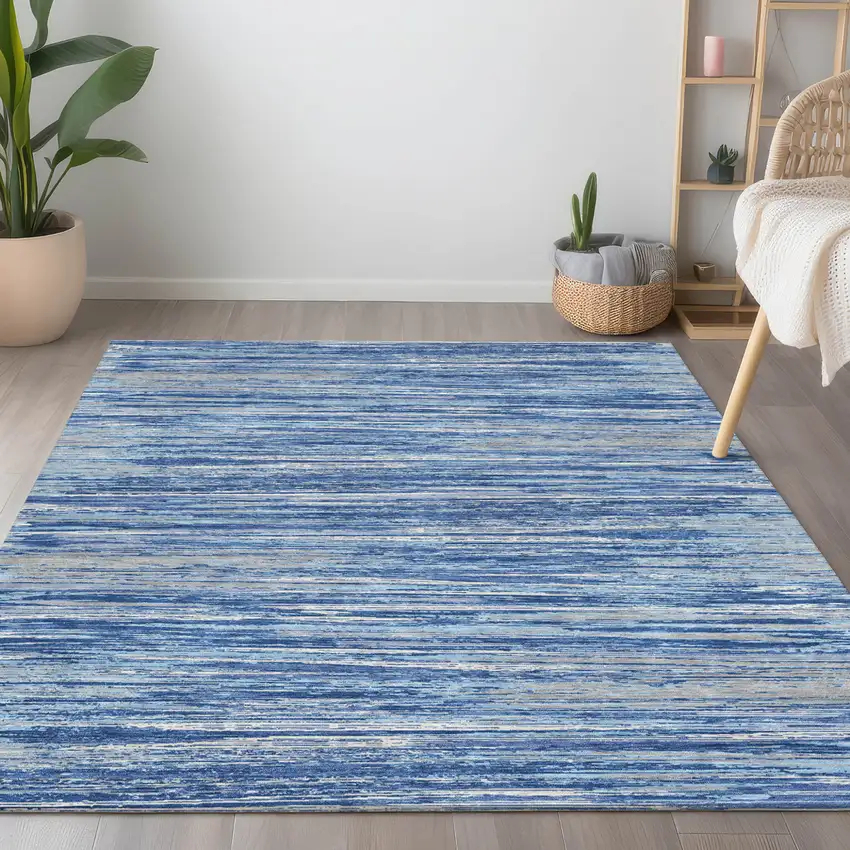 Blue Gray And Ivory Striped Washable Indoor Outdoor Area Rug Photo 9