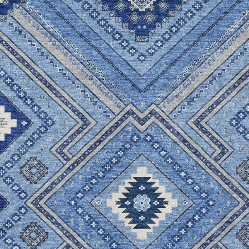 Blue Gray And Ivory Tribal Washable Indoor Outdoor Area Rug Photo 5
