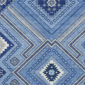 Photo of Blue Gray And Ivory Tribal Washable Indoor Outdoor Area Rug