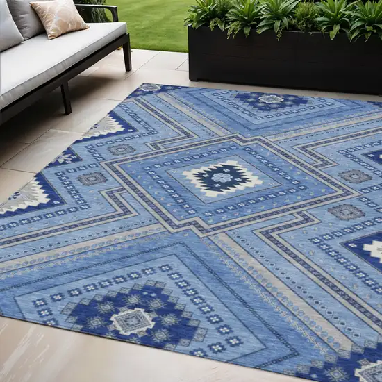 Blue Gray And Ivory Tribal Washable Indoor Outdoor Area Rug Photo 1