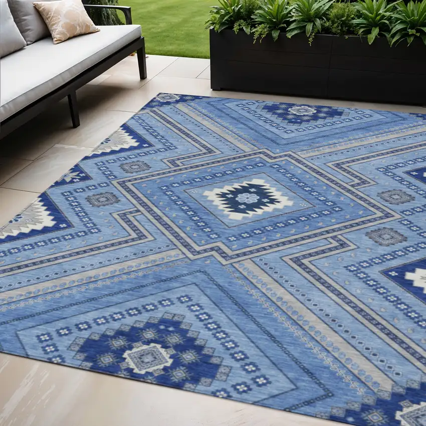 Blue Gray And Ivory Tribal Washable Indoor Outdoor Area Rug Photo 1