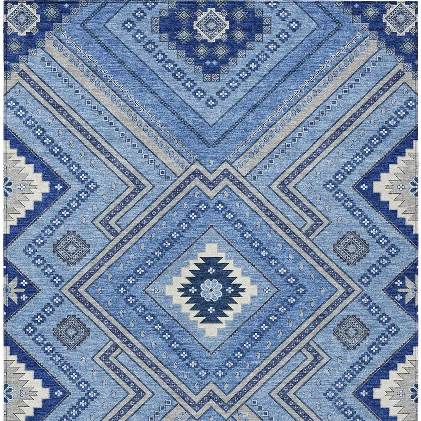 Blue Gray And Ivory Tribal Washable Indoor Outdoor Area Rug Photo 6