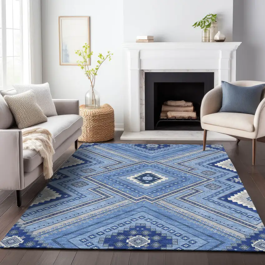 Blue Gray And Ivory Tribal Washable Indoor Outdoor Area Rug Photo 9