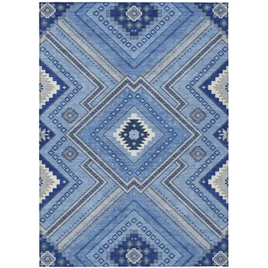 Blue Gray And Ivory Tribal Washable Indoor Outdoor Area Rug Photo 2