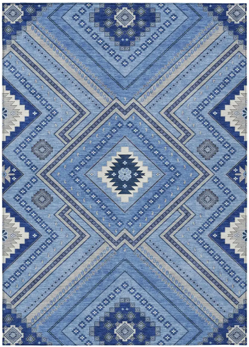 Blue Gray And Ivory Tribal Washable Indoor Outdoor Area Rug Photo 2