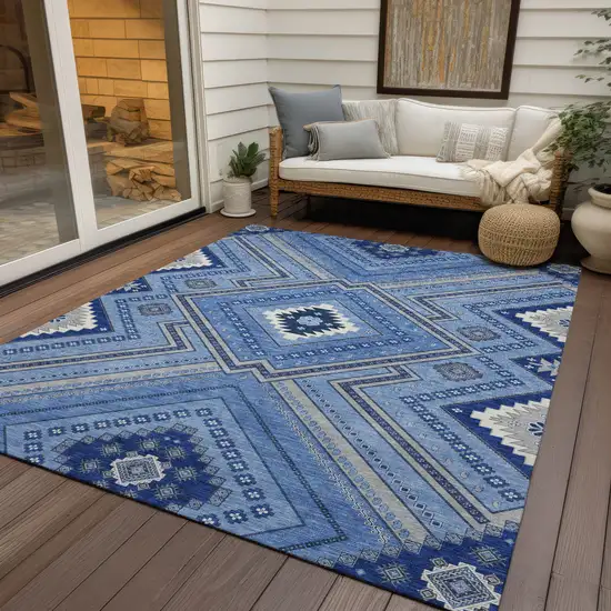Blue Gray And Ivory Tribal Washable Indoor Outdoor Area Rug Photo 8