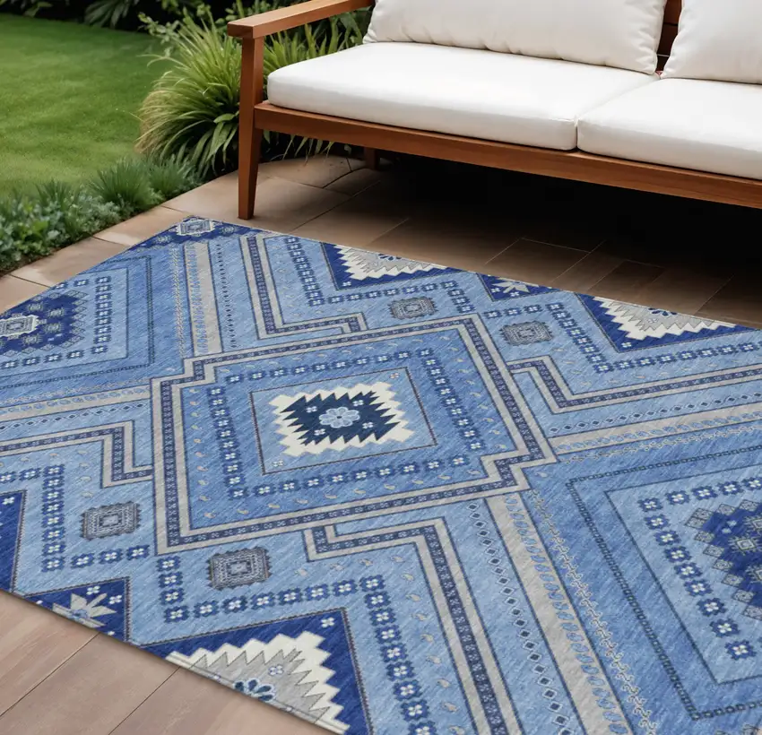 Blue Gray And Ivory Tribal Washable Indoor Outdoor Area Rug Photo 1