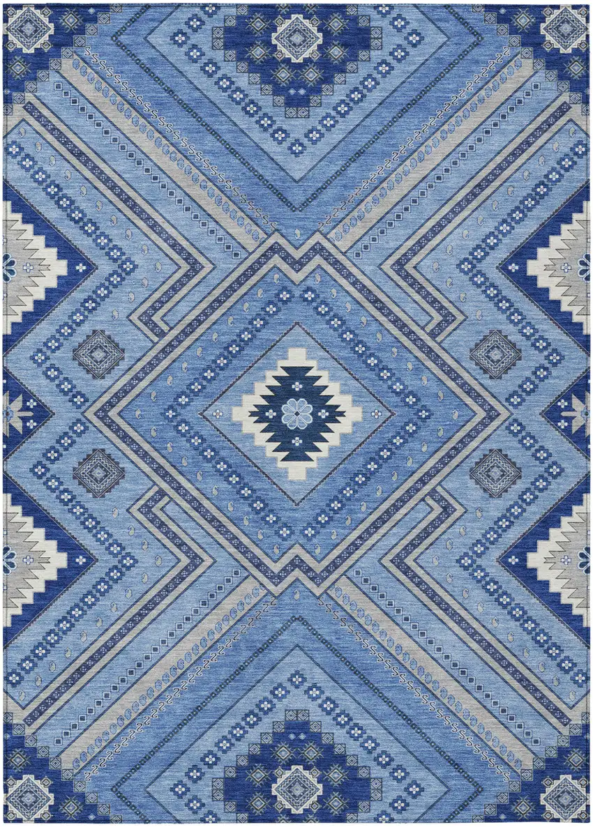 Blue Gray And Ivory Tribal Washable Indoor Outdoor Area Rug Photo 2