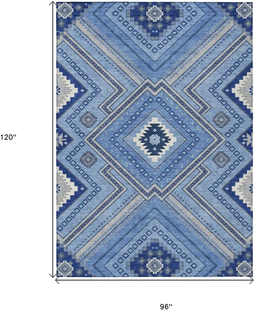 Blue Gray And Ivory Tribal Washable Indoor Outdoor Area Rug Photo 7