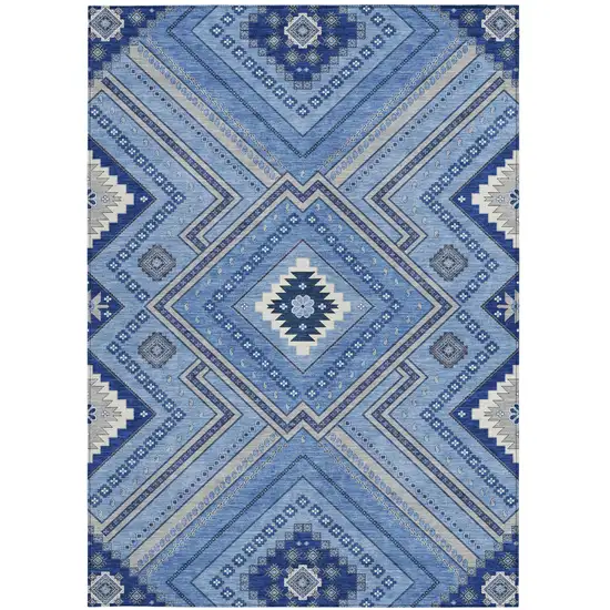 Blue Gray And Ivory Tribal Washable Indoor Outdoor Area Rug Photo 7