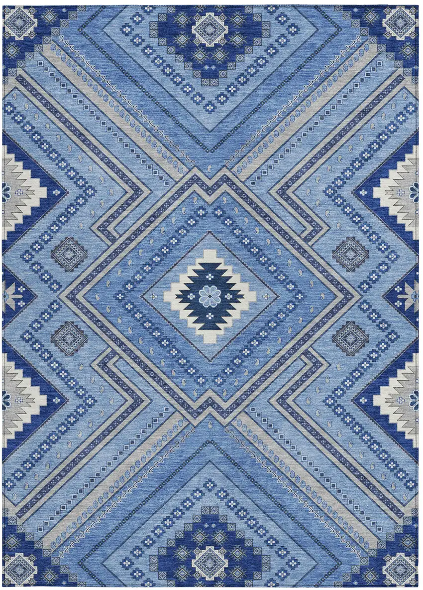 Blue Gray And Ivory Tribal Washable Indoor Outdoor Area Rug Photo 7