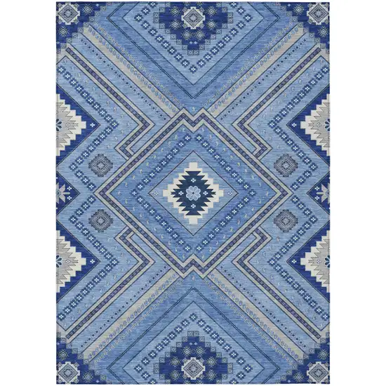 Blue Gray And Ivory Tribal Washable Indoor Outdoor Area Rug Photo 2