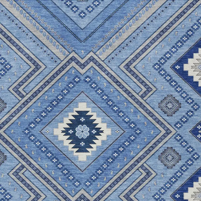 Blue Gray And Ivory Tribal Washable Indoor Outdoor Area Rug Photo 5