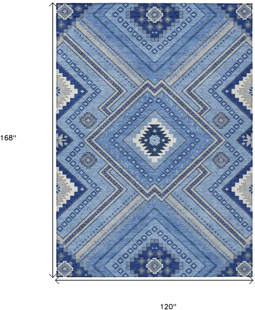 Blue Gray And Ivory Tribal Washable Indoor Outdoor Area Rug Photo 3