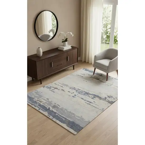 Blue Gray And Ivory Wool Abstract Tufted Handmade Stain Resistant Area Rug Photo 1