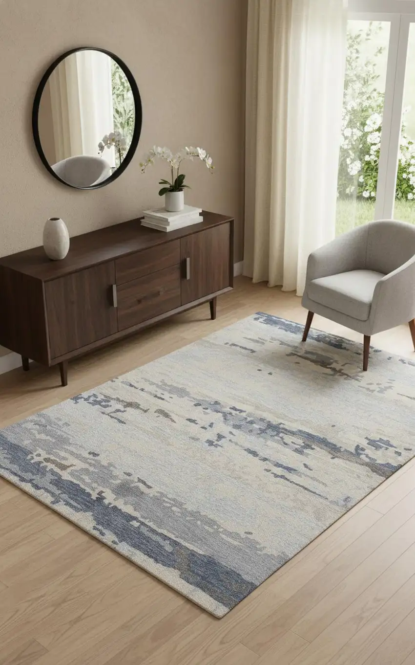 Blue Gray And Ivory Wool Abstract Tufted Handmade Stain Resistant Area Rug Photo 1