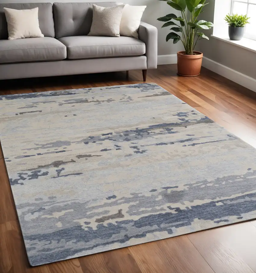 Blue and Ivory Wool Abstract Hand Tufted Area Rug Photo 1