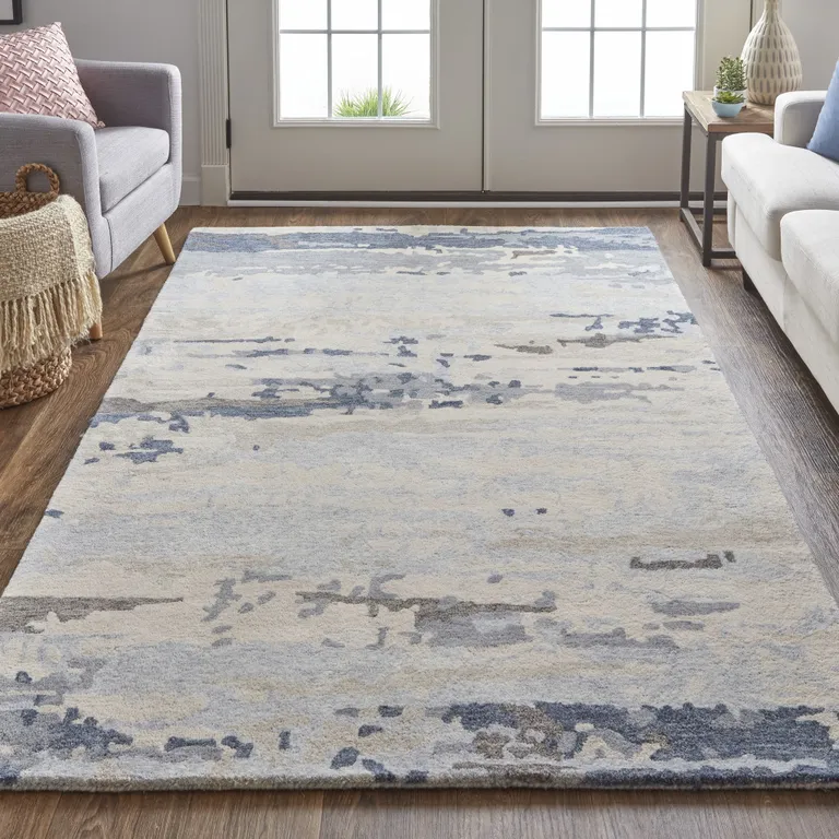 Blue Gray And Ivory Wool Abstract Tufted Handmade Stain Resistant Area Rug Photo 5