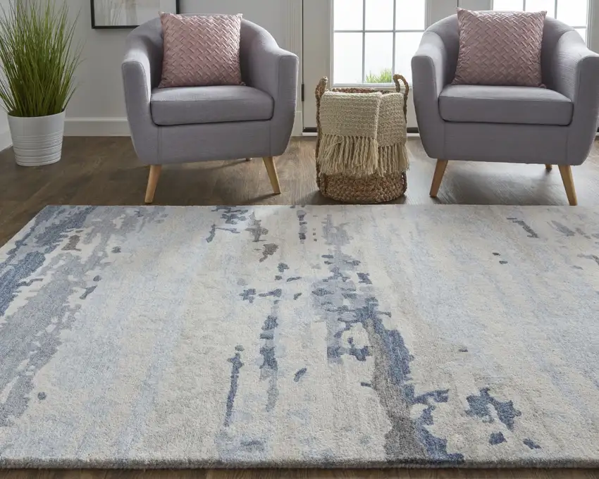 Blue Gray And Ivory Wool Abstract Tufted Handmade Stain Resistant Area Rug Photo 7