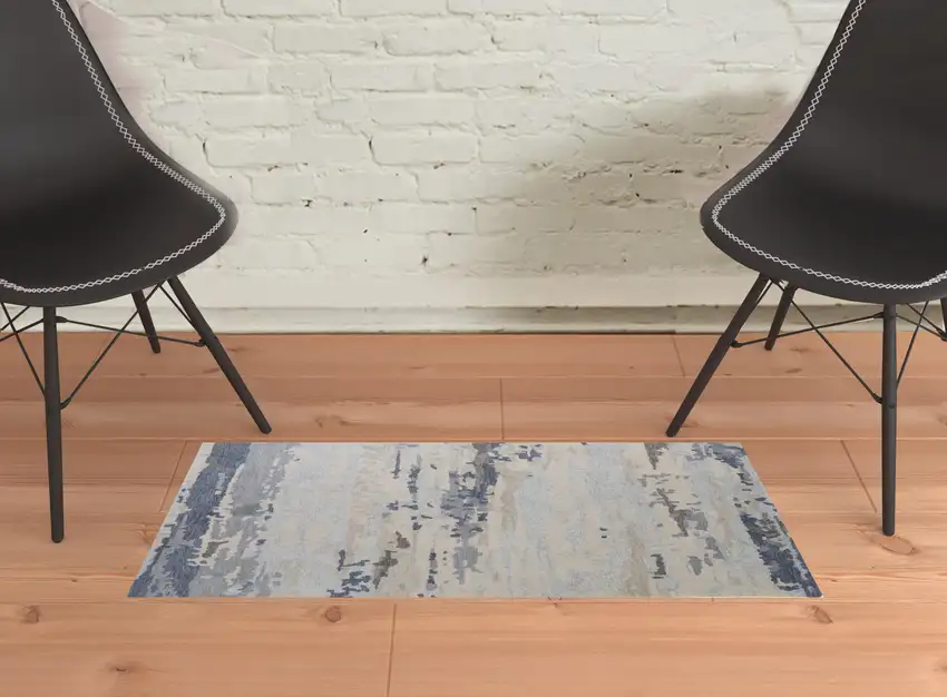 Blue Gray And Ivory Wool Abstract Tufted Handmade Stain Resistant Area Rug Photo 2