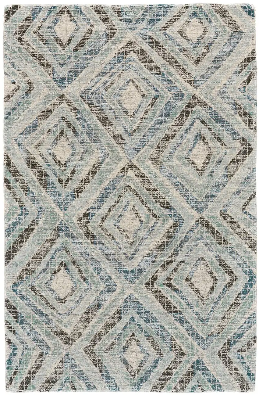 Blue Gray And Ivory Wool Geometric Tufted Handmade Area Rug Photo 1
