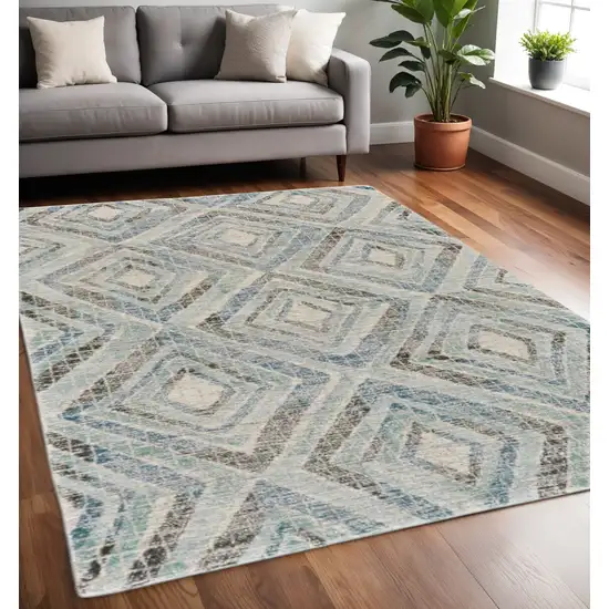 Blue Gray And Ivory Wool Geometric Tufted Handmade Area Rug Photo 1