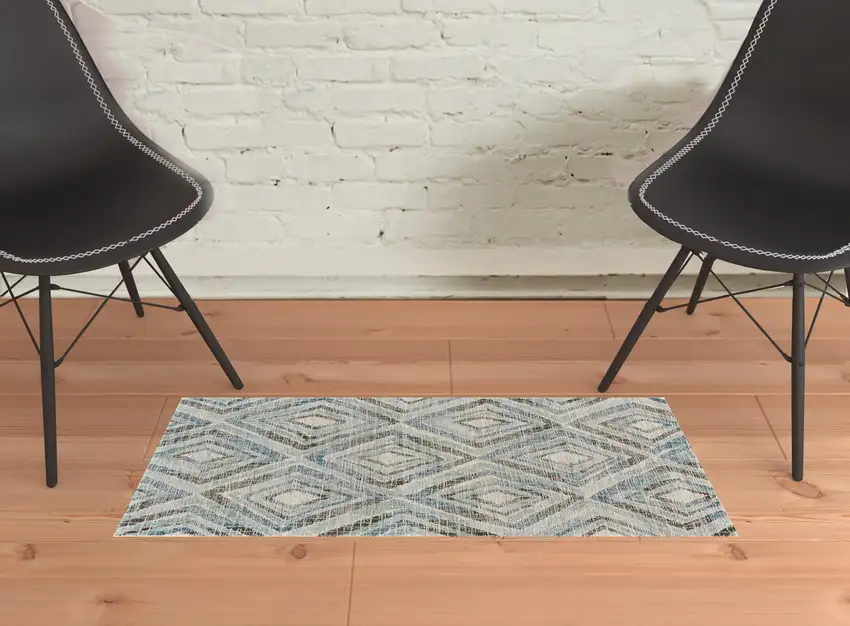 Blue Gray And Ivory Wool Geometric Tufted Handmade Area Rug Photo 2