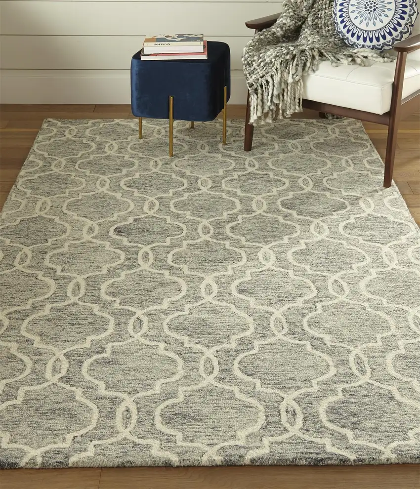 Blue Gray And Ivory Wool Geometric Tufted Handmade Stain Resistant Area Rug Photo 7