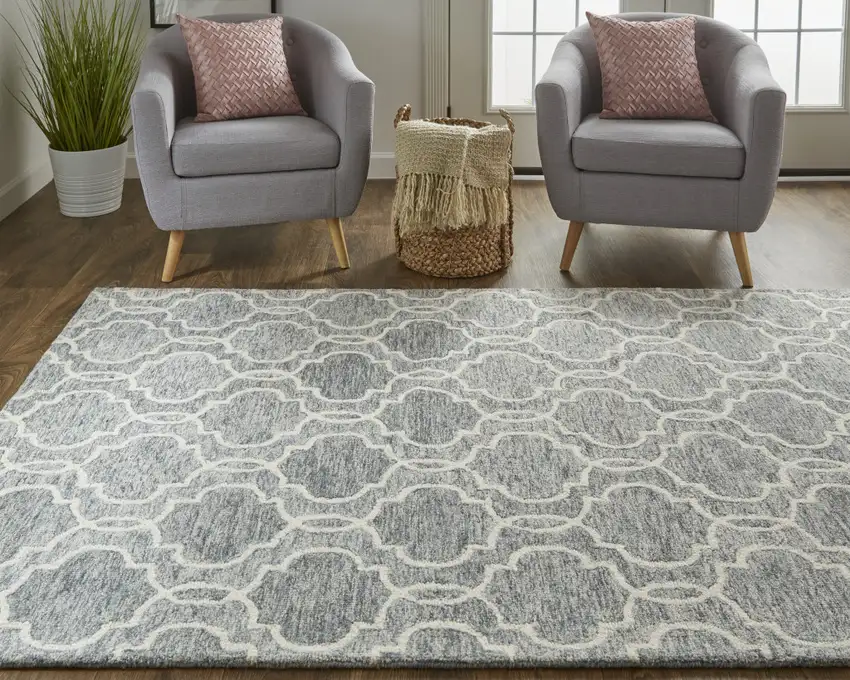 Blue Gray And Ivory Wool Geometric Tufted Handmade Stain Resistant Area Rug Photo 6