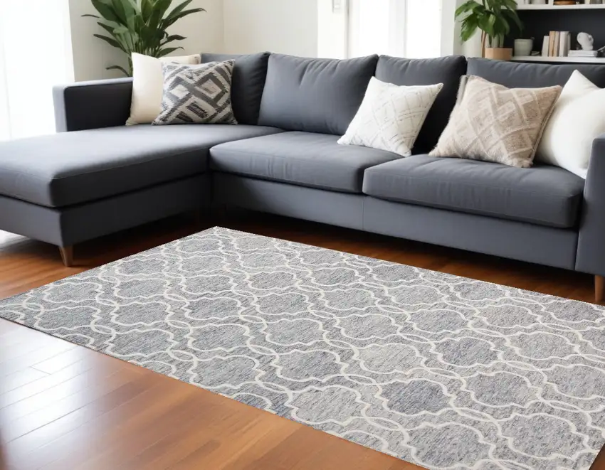 Blue Gray And Ivory Wool Geometric Tufted Handmade Stain Resistant Area Rug Photo 1
