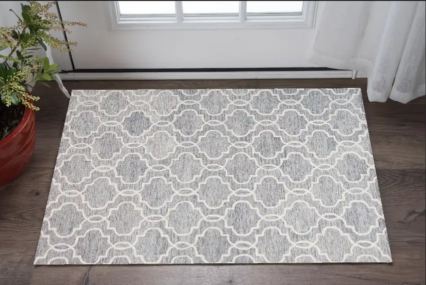 Blue Gray And Ivory Wool Geometric Tufted Handmade Stain Resistant Area Rug Photo 1