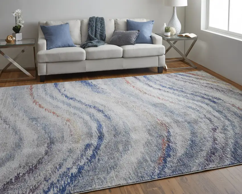 Blue Gray And Orange Abstract Power Loom Stain Resistant Area Rug Photo 8