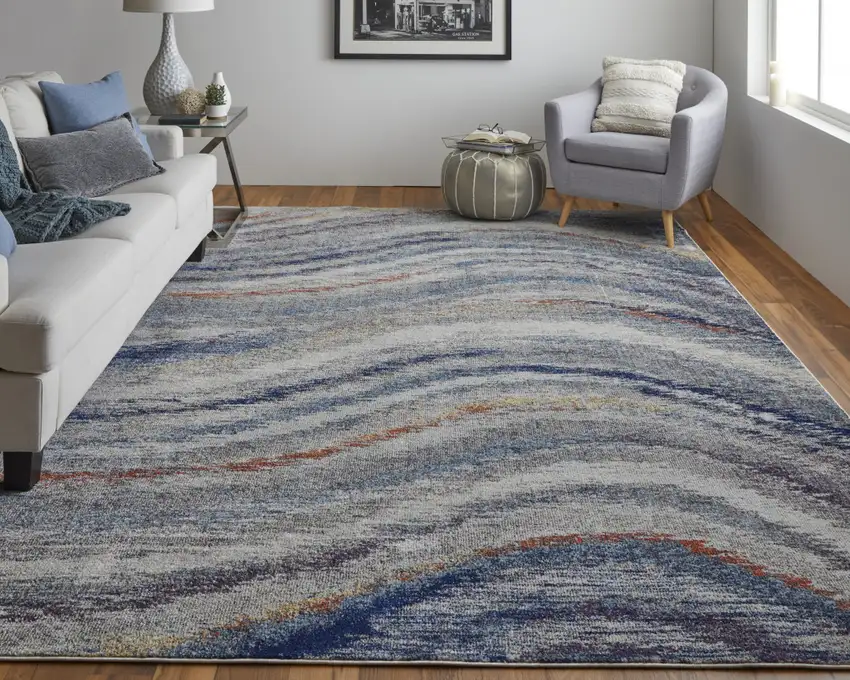 Blue Gray And Orange Abstract Power Loom Stain Resistant Area Rug Photo 6