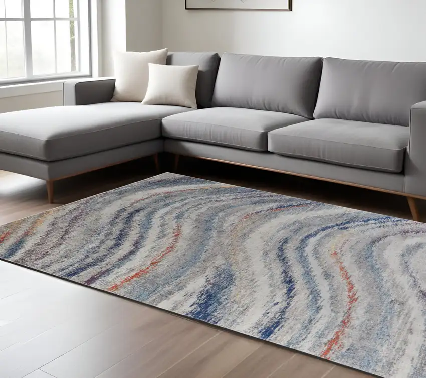 Blue and Gray Abstract Power Loom Non Skid Area Rug Photo 1