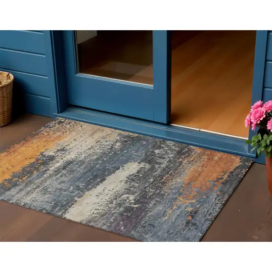 Blue Gray And Orange Abstract Washable Indoor Outdoor Area Rug Photo 2