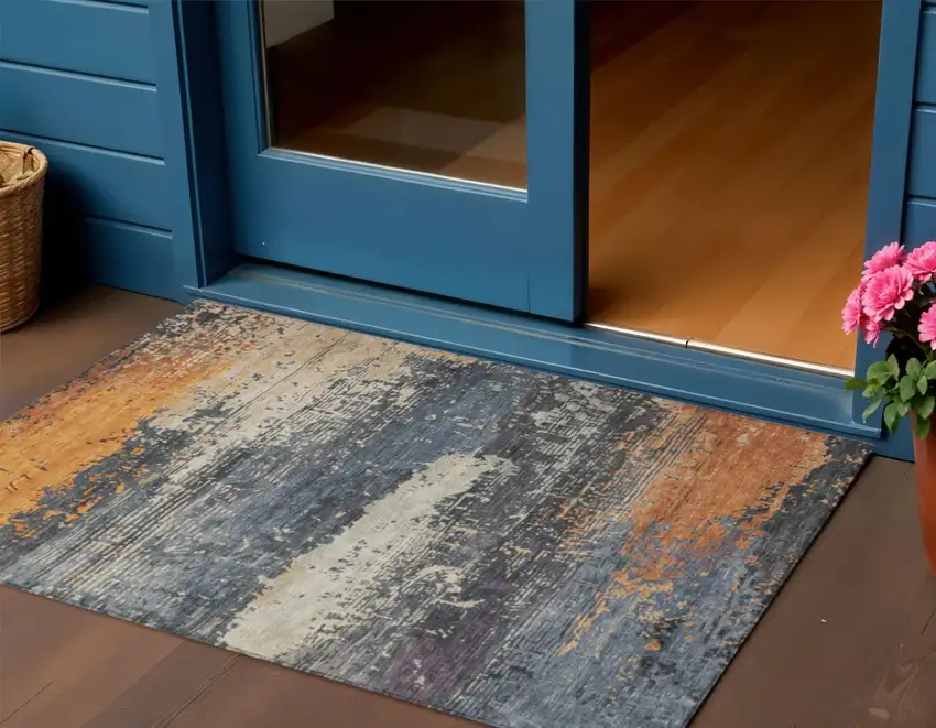 Blue Gray And Orange Abstract Washable Indoor Outdoor Area Rug Photo 2