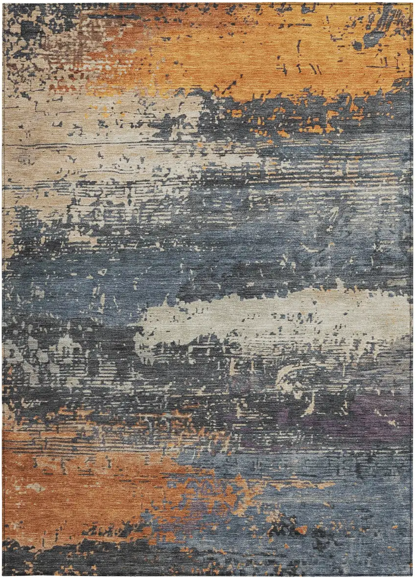 Blue Gray And Orange Abstract Washable Indoor Outdoor Area Rug Photo 1