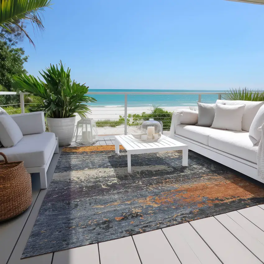 Blue Gray And Orange Abstract Washable Indoor Outdoor Area Rug Photo 7