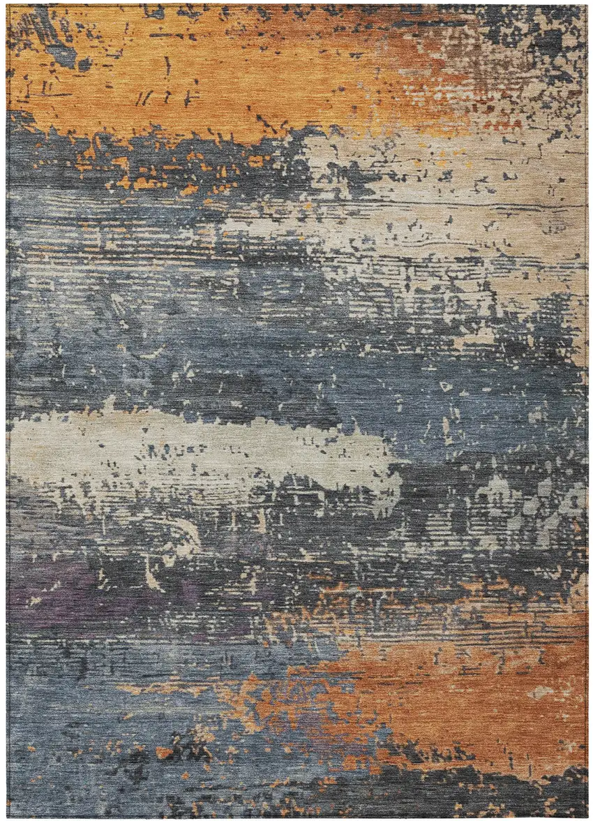 Blue Gray And Orange Abstract Washable Indoor Outdoor Area Rug Photo 3