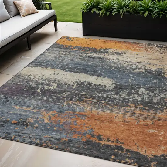 Blue Gray And Orange Abstract Washable Indoor Outdoor Area Rug Photo 2