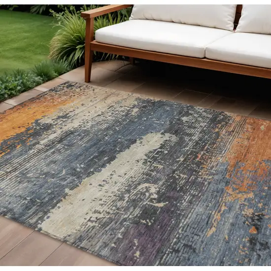 Blue Gray And Orange Abstract Washable Indoor Outdoor Area Rug Photo 2