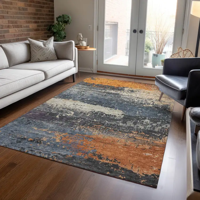 Blue Gray And Orange Abstract Washable Indoor Outdoor Area Rug Photo 6