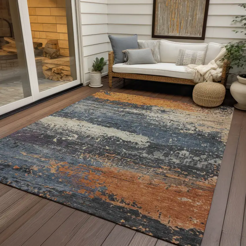 Blue Gray And Orange Abstract Washable Indoor Outdoor Area Rug Photo 5
