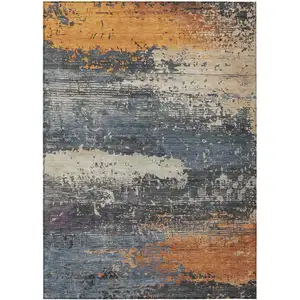 Photo of Blue Gray And Orange Abstract Washable Indoor Outdoor Area Rug