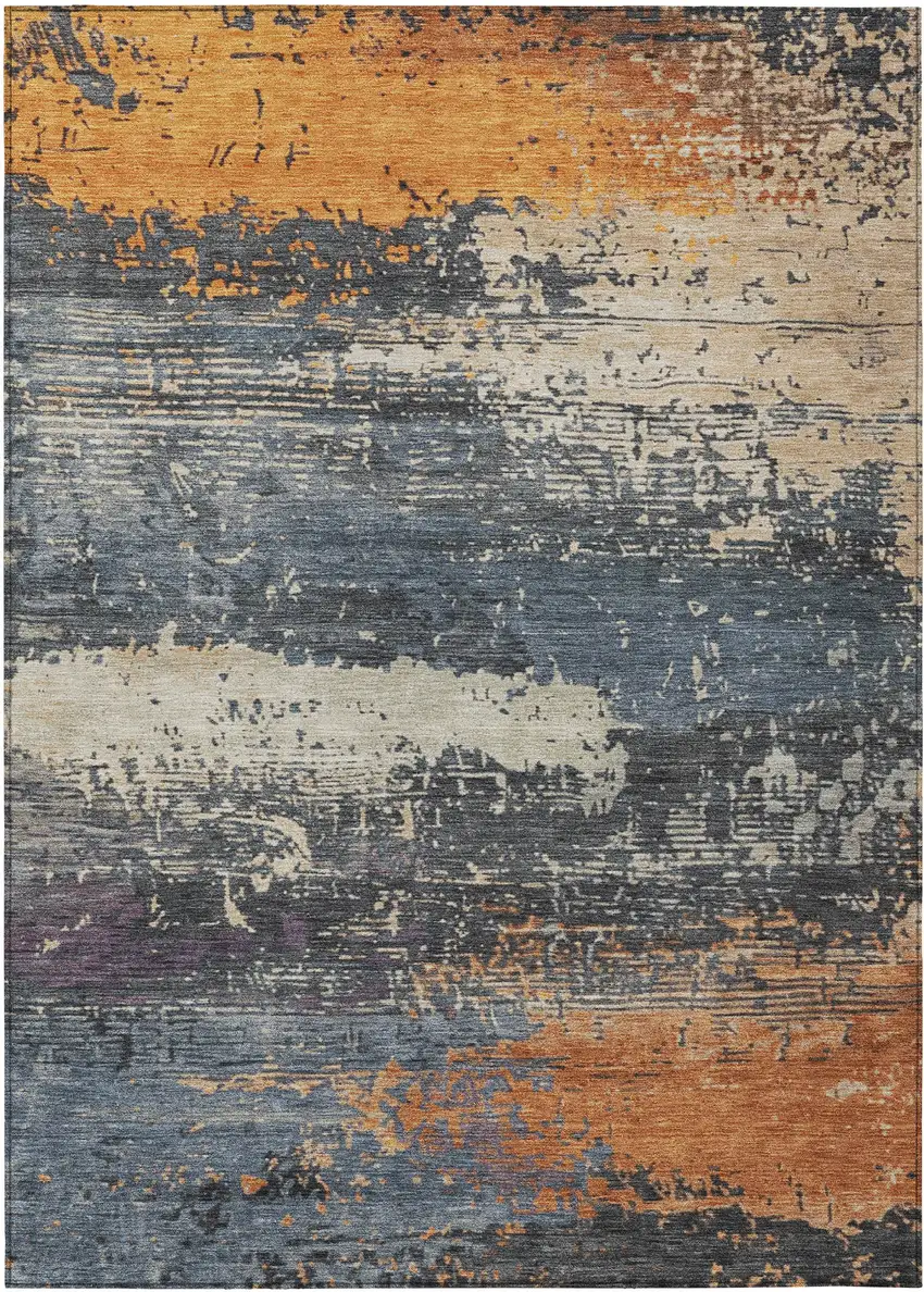 Blue Gray And Orange Abstract Washable Indoor Outdoor Area Rug Photo 1